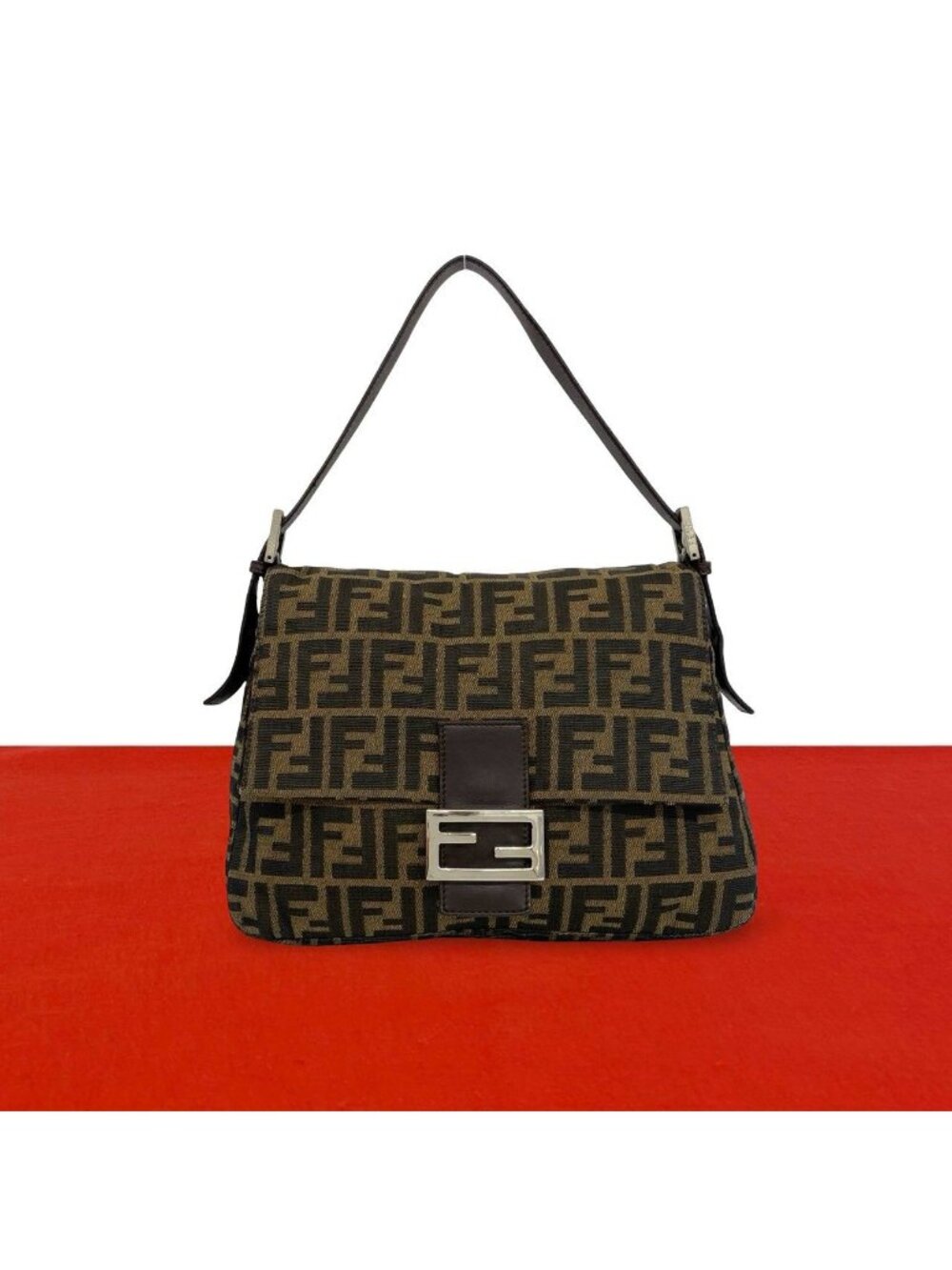 Fendi Vintage Zucca FF Logo Canvas Leather Semi Bag Brown